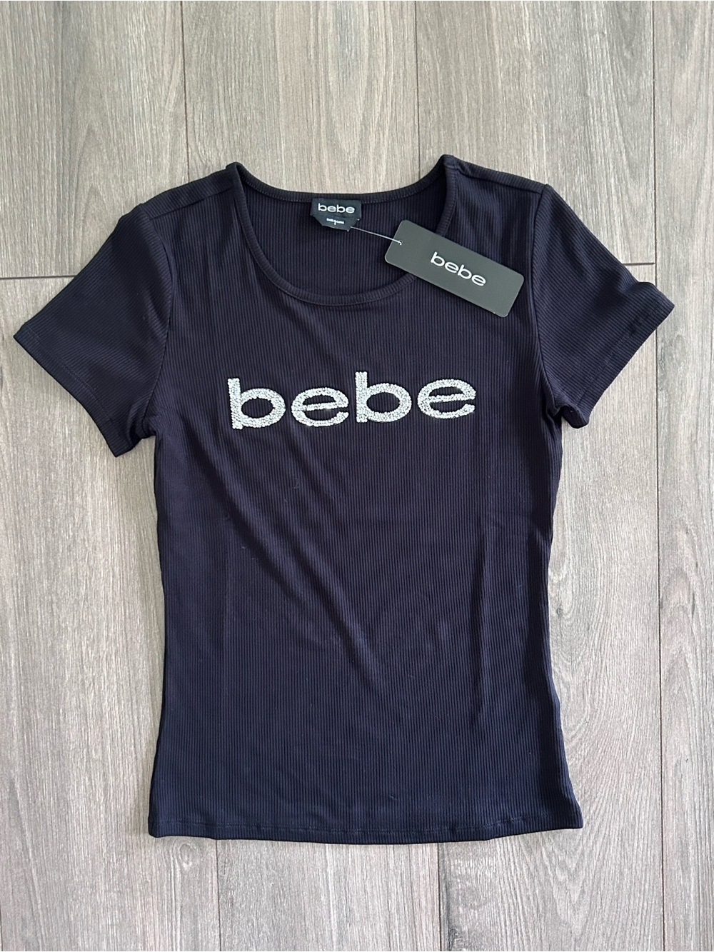 bebe Black Ribbed Logo Short Sleeve Tee